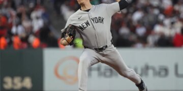Max Fried throws a pitch during the Yankees' 7-0 Opening Day win over the Giants on March 25, 2026 in San Francisco.