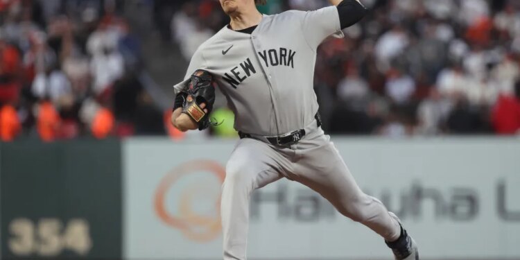 Max Fried throws a pitch during the Yankees' 7-0 Opening Day win over the Giants on March 25, 2026 in San Francisco.