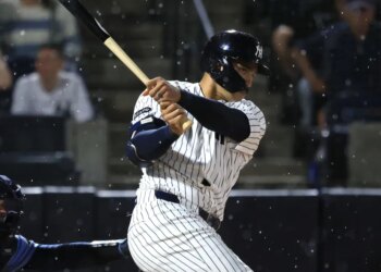 Trent Grisham belts a two-run single in the second inning of the Yankees' 3-0 spring training win over the Rays at George M. Steinbrenner Field on March 6, 2026.