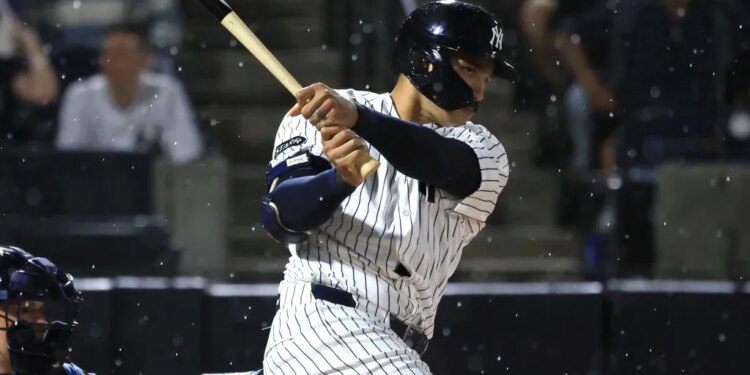 Trent Grisham belts a two-run single in the second inning of the Yankees' 3-0 spring training win over the Rays at George M. Steinbrenner Field on March 6, 2026.
