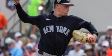 Will Warren delivers a pitch during the Yankees' 3-2 spring training win over the Rays on March 17, 2026.