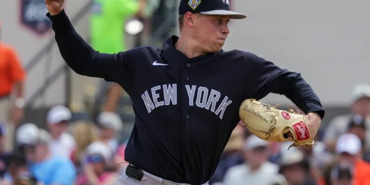 Will Warren delivers a pitch during the Yankees' 3-2 spring training win over the Rays on March 17, 2026.