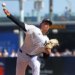 New York Yankees pitcher Carlos Lagrange #84, throwing a warmup pitch before the start of the 2nd inning.