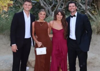 (L-R) Zach Wilson and his wife Nicolette Wilson, and Jarrett Stidham and his wife Kennedy Stidham  attended the wedding of CJ Uzomah and his now wife, Yasmin Uzomah, in San José del Cabo in March 2026.