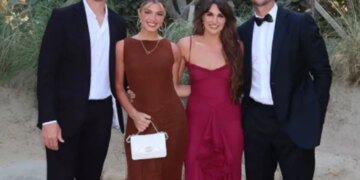 (L-R) Zach Wilson and his wife Nicolette Wilson, and Jarrett Stidham and his wife Kennedy Stidham  attended the wedding of CJ Uzomah and his now wife, Yasmin Uzomah, in San José del Cabo in March 2026.