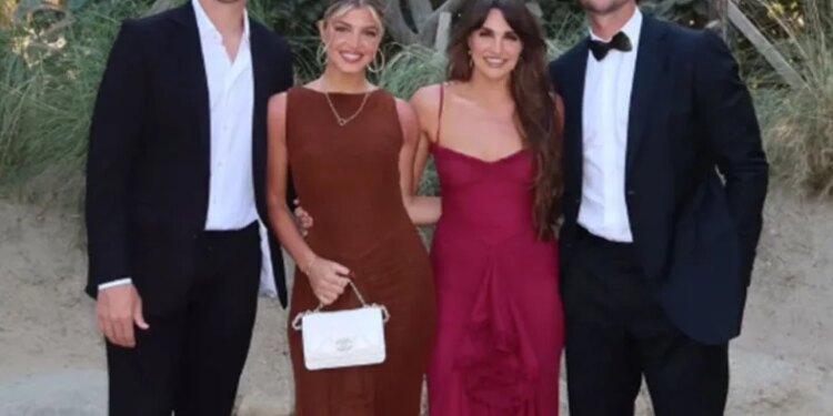 (L-R) Zach Wilson and his wife Nicolette Wilson, and Jarrett Stidham and his wife Kennedy Stidham  attended the wedding of CJ Uzomah and his now wife, Yasmin Uzomah, in San José del Cabo in March 2026.