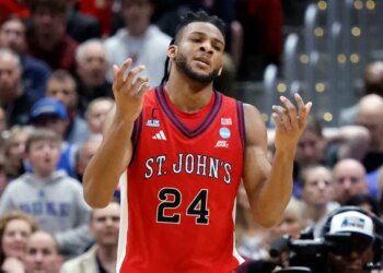 Zuby Ejiofor reacts during his teams game against the against the Duke Blue Devils in the second half during the NCAA East Regionals, Sweet Sixteen tournament at Capital One Arena in Washington, DC, USA, Thursday, March 27, 2026.