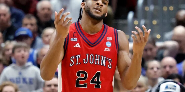 Zuby Ejiofor reacts during his teams game against the against the Duke Blue Devils in the second half during the NCAA East Regionals, Sweet Sixteen tournament at Capital One Arena in Washington, DC, USA, Thursday, March 27, 2026.