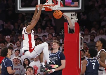Zuby Ejiofor, who had a triple double, slams home a dunk during St. John's 89-57 blowout win over Villanova at the Garden on Feb. 28, 2026.