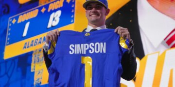 Ty Simpson holds up a blue Los Angeles Rams jersey with his name and number 1 on the back after being drafted.