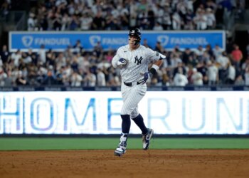 Aaron Judge rounds the bases after his solo home run against the Los Angeles Angels in the sixth inning at Yankee Stadium in The Bronx, New York, USA, Monday, April 13, 2026.