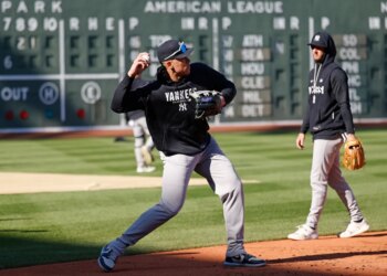Aaron Judge warming up on the field during batting practice.