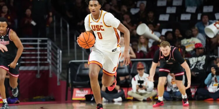 Southern California guard Alijah Arenas dribbling the basketball during an NCAA college basketball game against Indiana.