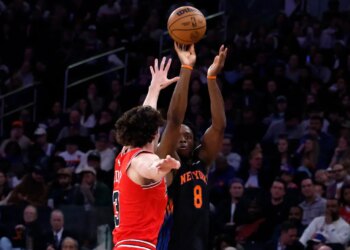 Knicks puts up a shot as guard Josh Giddey #3 of the Chicago Bulls defends during the first half at Madison Square Garden, Friday April 3rd, 2026, in New York, NY.
