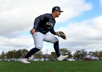 New York Yankees shortstop Anthony Volpe #11, fielding a ball during todays workout at Steinbrenner Field, the Yankees Spring Training home in Tampa, Florida.
