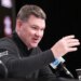 Arizona head coach Tommy Lloyd talks to the media at Lucas Oil Stadium on April 2, 2026 in Indianapolis.