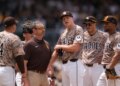 San Diego Padres pitcher Nick Pivetta reacts before exiting during the fourth inning.