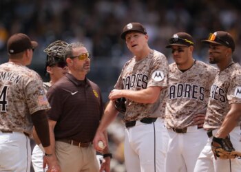 San Diego Padres pitcher Nick Pivetta reacts before exiting during the fourth inning.