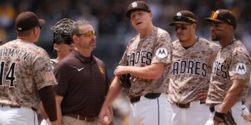 San Diego Padres pitcher Nick Pivetta reacts before exiting during the fourth inning.