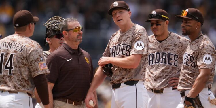 San Diego Padres pitcher Nick Pivetta reacts before exiting during the fourth inning.
