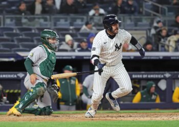 Austin Wells (28) hits a double during the 7th inning on April 7th, 2026.