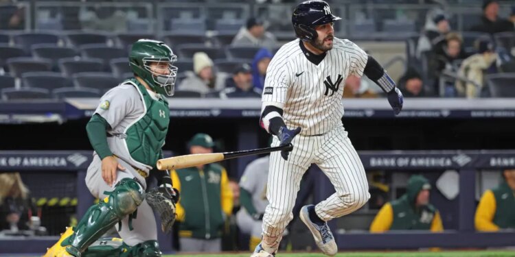 Austin Wells (28) hits a double during the 7th inning on April 7th, 2026.