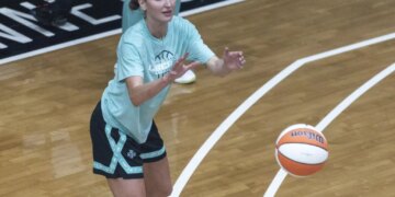 Anneli Maley grabs a pass during the Liberty's training camp  on April 21, 2026 at Barclays Center.