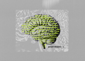 An illustration of a brain covered in software code.