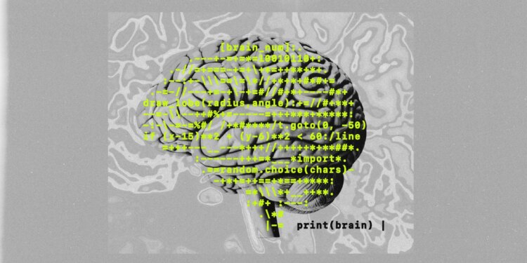 An illustration of a brain covered in software code.
