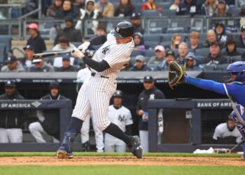 Ben Rice (22) home run during the second inning when the New York Yankees played the Kansas City Royals Sunday, April 19, 2026 at Yankee Stadium in the Bronx, NY.