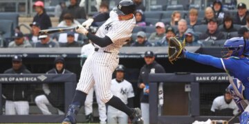 Ben Rice (22) home run during the second inning when the New York Yankees played the Kansas City Royals Sunday, April 19, 2026 at Yankee Stadium in the Bronx, NY.