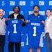 New York Giants draft picks Francis Mauigoa and Arvell Reese hold up their jerseys with Head Coach John Harbaugh and General Manager Joe Schoen.