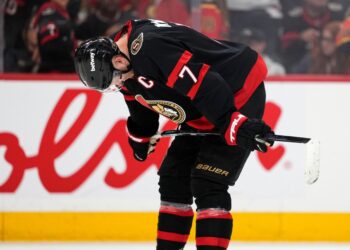 Ottawa Senators' Brady Tkachuk (7) takes puts his head down after the team was eliminated by the Carolina Hurricanes after losing in Game 4 of a first-round NHL Stanley Cup playoff hockey series, Saturday, April 25, 2026, in Ottawa, Ontario.
