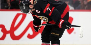 Ottawa Senators' Brady Tkachuk (7) takes puts his head down after the team was eliminated by the Carolina Hurricanes after losing in Game 4 of a first-round NHL Stanley Cup playoff hockey series, Saturday, April 25, 2026, in Ottawa, Ontario.