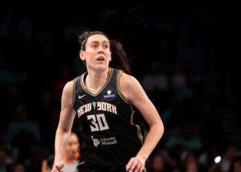 Breanna Stewart of the New York Liberty looking on during a game against the Washington Mystics.