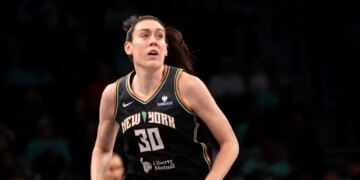 Breanna Stewart of the New York Liberty looking on during a game against the Washington Mystics.