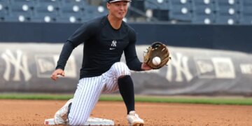 New York Yankees shortstop Anthony Volpe #11, catching throws at 2nd base from the outfield during a workout at Steinbrenner Field in Tampa, Florida.