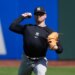 New York Yankees pitcher Cade Winquest warming up for a baseball game.