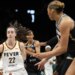 Caitlin Clark looks to make a move between defenders during the Liberty's 109-91 preseason loss to the Fever on April 25, 20267 at Barclays Center.
