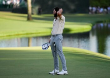 Cameron Young reacts after missing a putt on the 16th hole during the final round of the Masters golf tournament at the Augusta National Golf Club, Sunday, April 12, 2026.