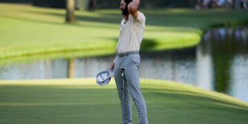 Cameron Young reacts after missing a putt on the 16th hole during the final round of the Masters golf tournament at the Augusta National Golf Club, Sunday, April 12, 2026.