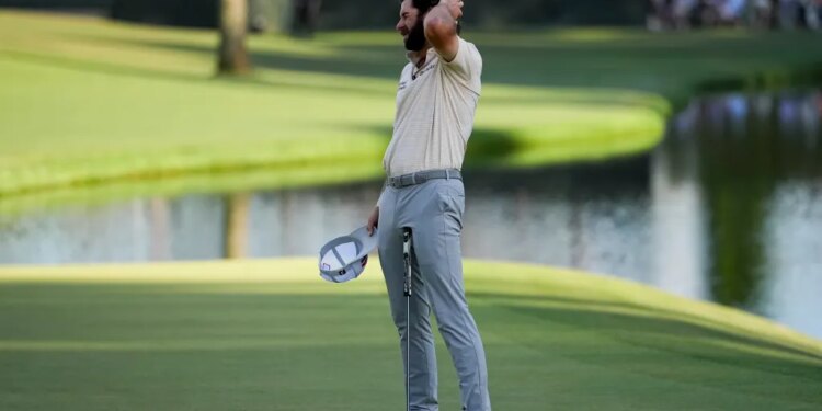 Cameron Young reacts after missing a putt on the 16th hole during the final round of the Masters golf tournament at the Augusta National Golf Club, Sunday, April 12, 2026.