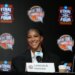 Candace Parker smiling at a press conference.