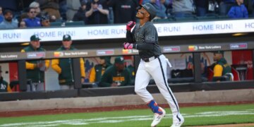 Jorge Polanco (11) home run during the seventh inning when the New York Mets played the Athletics Saturday, April 11, 2026 at Citi Field in Queens, NY.