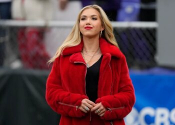 Gracie Hunt, Miss Kansas USA, on the field during the AFC Championship game between the Kansas City Chiefs and the Baltimore Ravens.