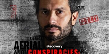 Promotional image for Discovery's "Conspiracies & Coverups" featuring a man with a beard, surrounded by text snippets like "Confidential Information," "Classified Programs," "Mind Control," and "Covert Experiments."