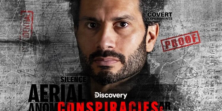 Promotional image for Discovery's "Conspiracies & Coverups" featuring a man with a beard, surrounded by text snippets like "Confidential Information," "Classified Programs," "Mind Control," and "Covert Experiments."