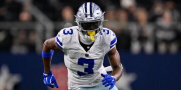 Dallas Cowboys wide receiver George Pickens (3) runs a route during an NFL football game between the Dallas Cowboys and the Minnesota Vikings, Dec. 14, 2025, in Arlington, Texas.