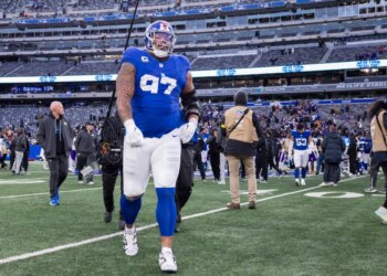 Dexter Lawrence II #97 of the New York Giants walks off the field at the end of the game at MetLife Stadium, Sunday, Dec. 21, 2025, in East Rutherford, New Jersey.