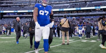 Dexter Lawrence II #97 of the New York Giants walks off the field at the end of the game at MetLife Stadium, Sunday, Dec. 21, 2025, in East Rutherford, New Jersey.